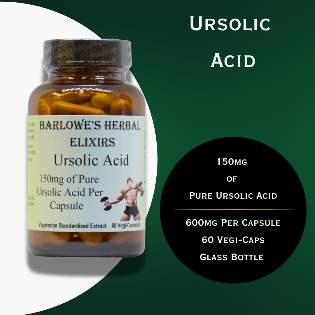 Barlowe's Herbal Elixirs Ursolic Acid Extract 600mg Capsules - Pure Ursolic Acid Supplement with 150mg Per Capsule - 60 Veggie Capsules in Glass Bottle