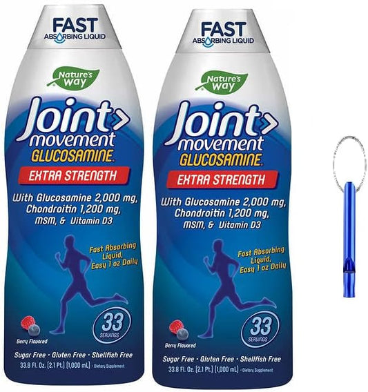Basgim Natures Way Glucosamine 2000mg & Chondroitin 1200mg Joint Support Liquid - 2 Pack 33.88 floz + Whistle Keychain Bundle