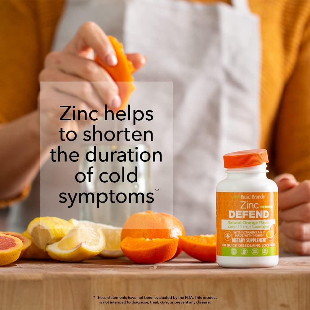 Basic Organics Basic Brands Zinc Lozenges - 100 Count, Orange Flavor - Immune Support Supplement for Cold Relief