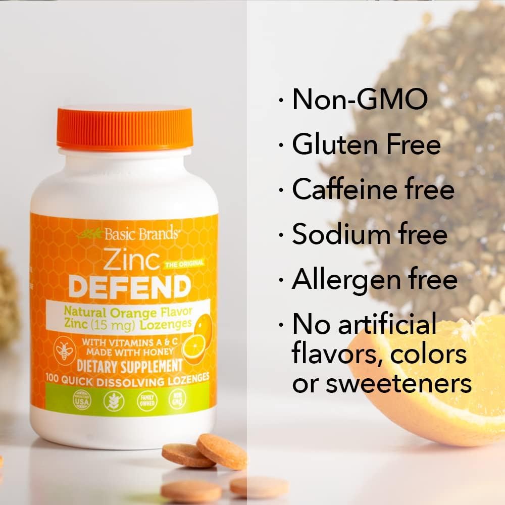 Basic Organics Basic Brands Zinc Lozenges - 100 Count, Orange Flavor - Immune Support Supplement for Cold Relief