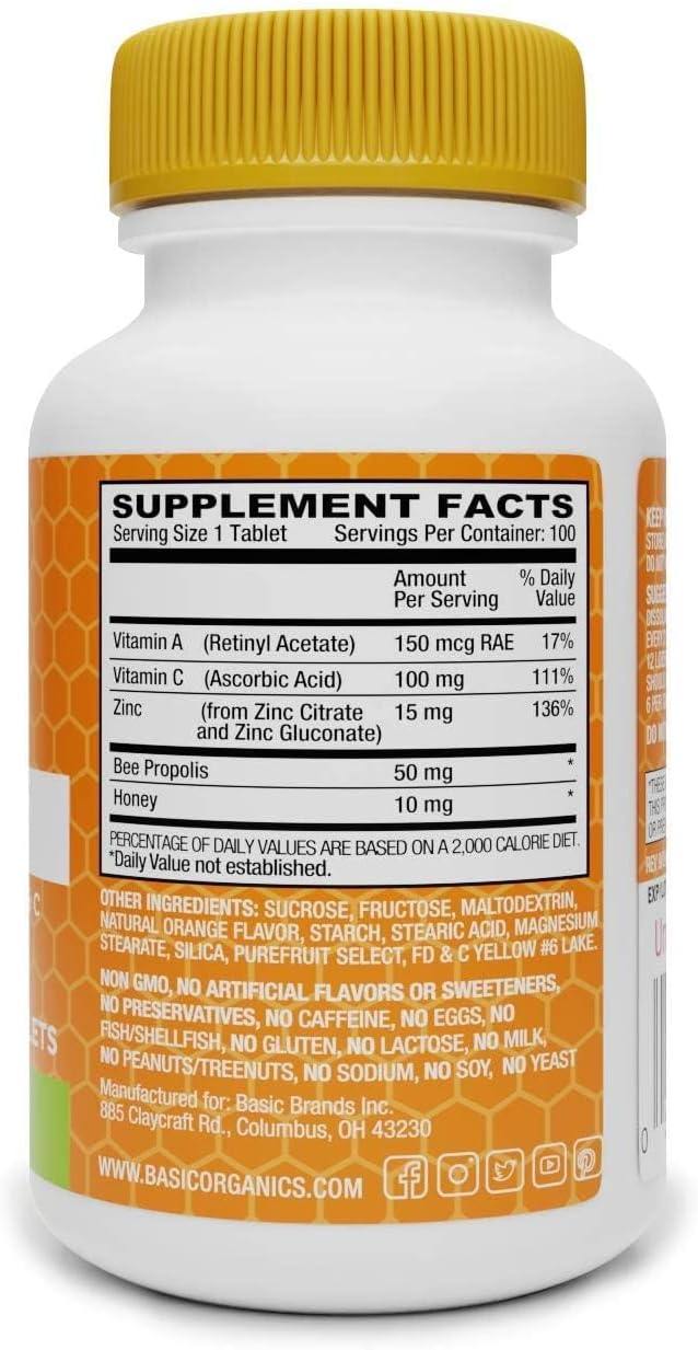 Basic Organics Basic Brands Zinc Lozenges - 100 Count, Orange Flavor - Immune Support Supplement for Cold Relief