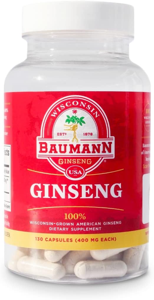 Baumann Wisconsin Ginseng Capsules - 130 Pills, 400mg Pure American Ginseng Root Extract - Natural Panax Ginseng Supplement for Immune Support, Focus, Energy - USA Estd 1978