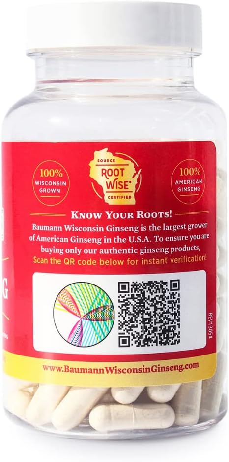 Baumann Wisconsin Ginseng Capsules - 130 Pills, 400mg Pure American Ginseng Root Extract - Natural Panax Ginseng Supplement for Immune Support, Focus, Energy - USA Estd 1978