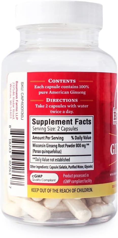 Baumann Wisconsin Ginseng Capsules - 130 Pills, 400mg Pure American Ginseng Root Extract - Natural Panax Ginseng Supplement for Immune Support, Focus, Energy - USA Estd 1978