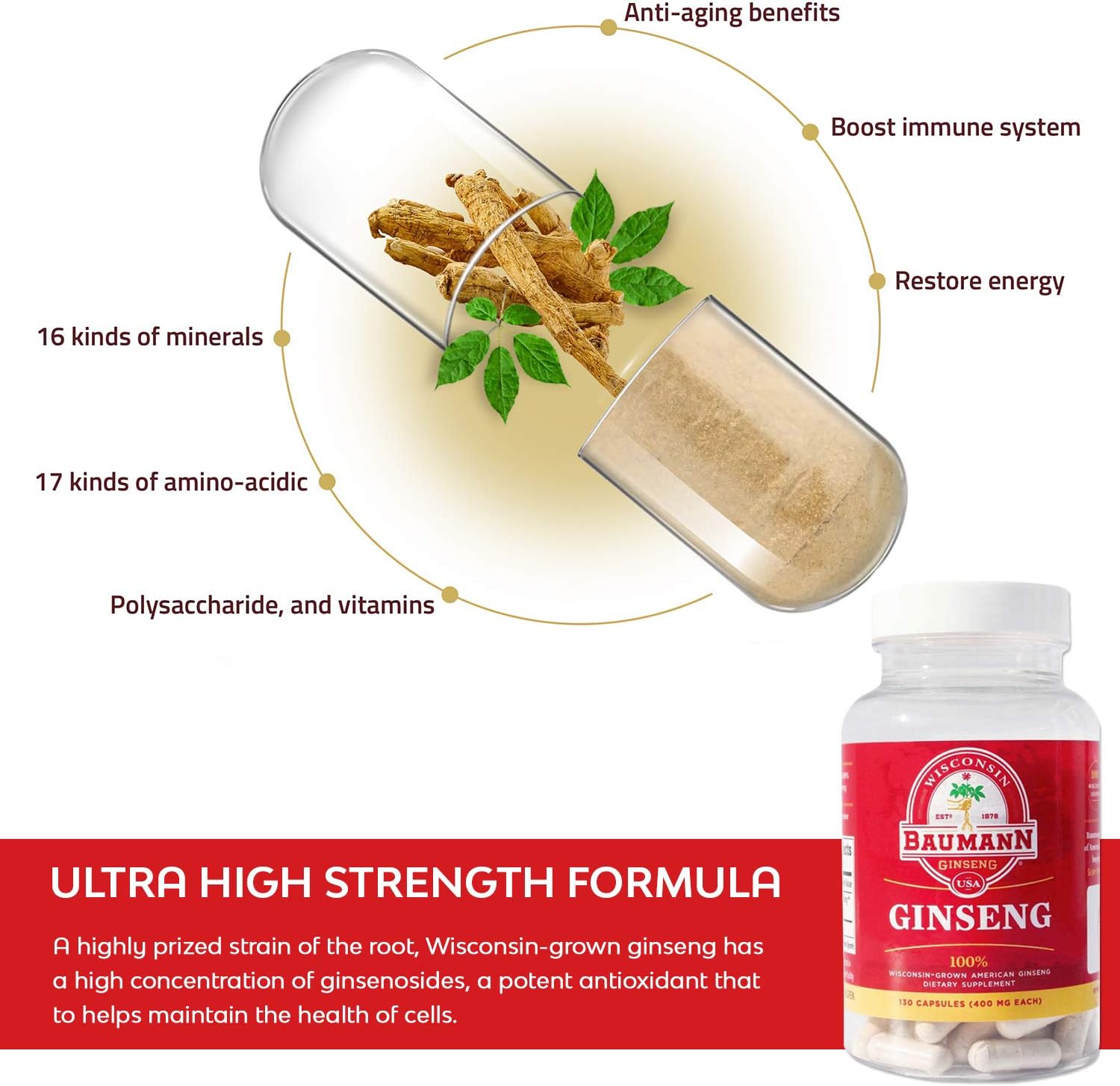 Baumann Wisconsin Ginseng Capsules - 130 Pills, 400mg Pure American Ginseng Root Extract - Natural Panax Ginseng Supplement for Immune Support, Focus, Energy - USA Estd 1978