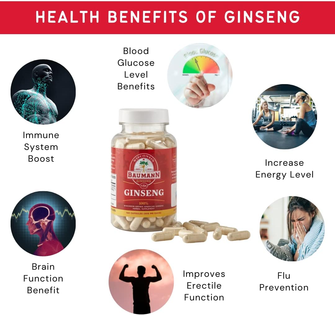 Baumann Wisconsin Ginseng Capsules - 130 Pills, 400mg Pure American Ginseng Root Extract - Natural Panax Ginseng Supplement for Immune Support, Focus, Energy - USA Estd 1978