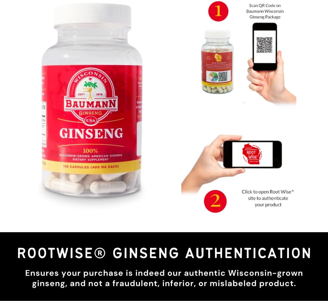 Baumann Wisconsin Ginseng Capsules - 130 Pills, 400mg Pure American Ginseng Root Extract - Natural Panax Ginseng Supplement for Immune Support, Focus, Energy - USA Estd 1978
