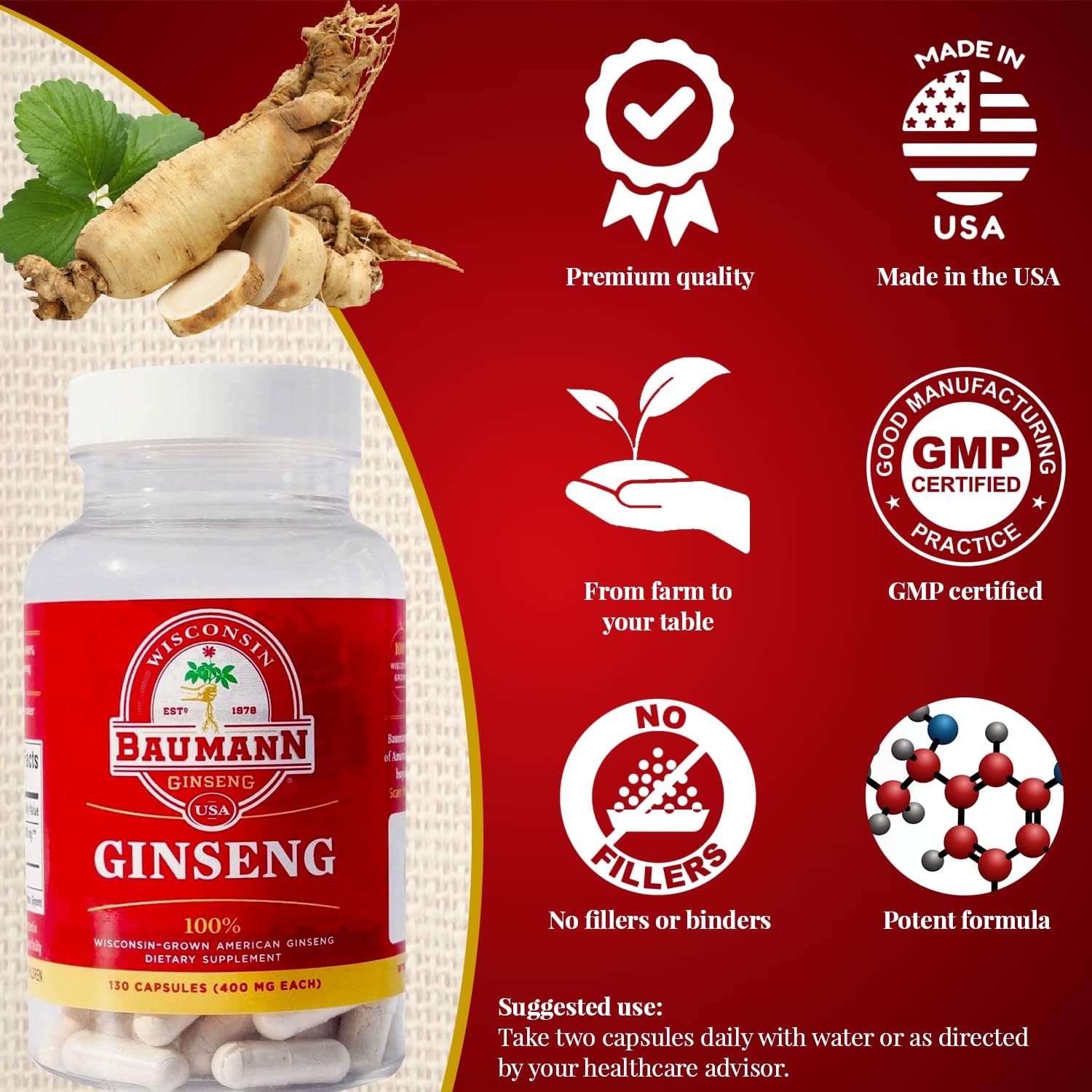 Baumann Wisconsin Ginseng Capsules - 130 Pills, 400mg Pure American Ginseng Root Extract - Natural Panax Ginseng Supplement for Immune Support, Focus, Energy - USA Estd 1978