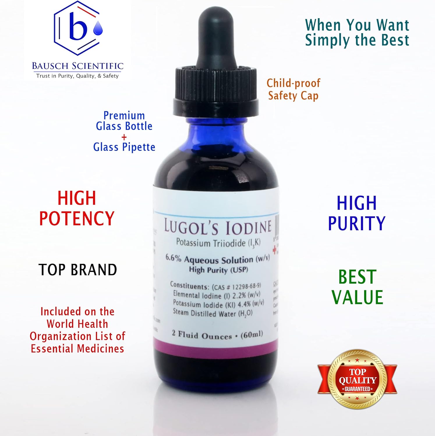 Bausch Scientific Lugols Iodine Solution - 2 Oz Bottle with Potassium Triiodide 6.6% USP