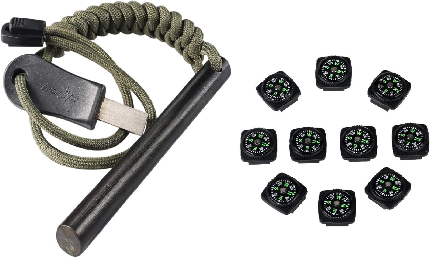 bayite 4" Ferro Rod Kit with Striker and 10 Pack Button Compass - Fire Starter for Survival Gear