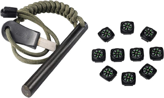 bayite 4" Ferro Rod Kit with Striker and 10 Pack Button Compass - Fire Starter for Survival Gear
