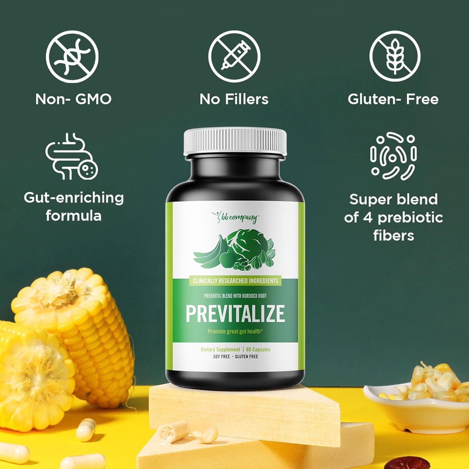 BB Company Previtalize: Women's Prebiotic Fiber for Gut & Digestive Health, 60 Ct Pack, Complement to Probiotics & Provitalize