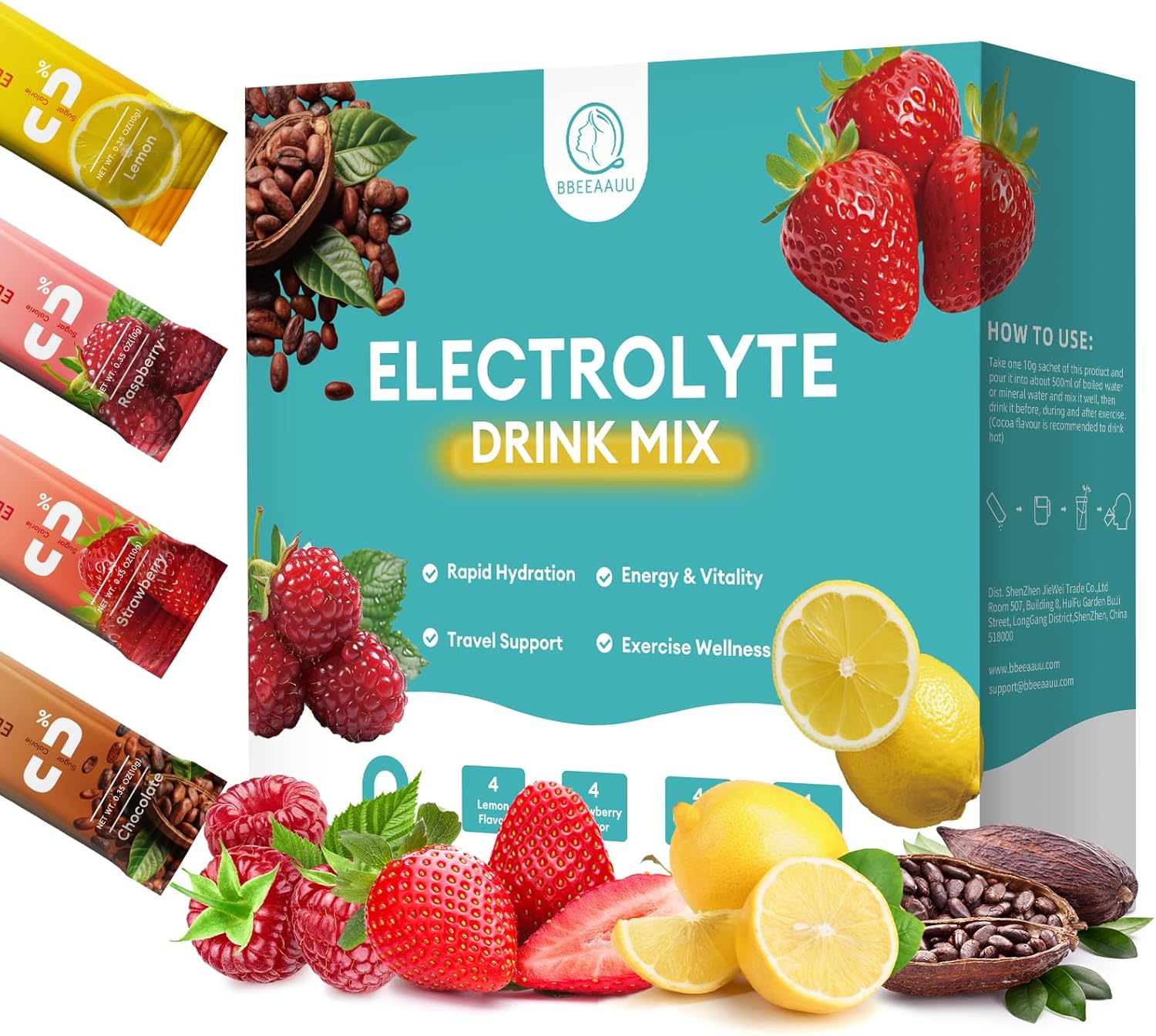 BBEEAAUU Electrolytes Powder Variety Pack with Vitamins - Sugar-Free & Zero Calorie Electrolyte Drink Mix for Rapid Hydration, Endurance, and Energy Support - Non-GMO, Vegan (16 Sticks)