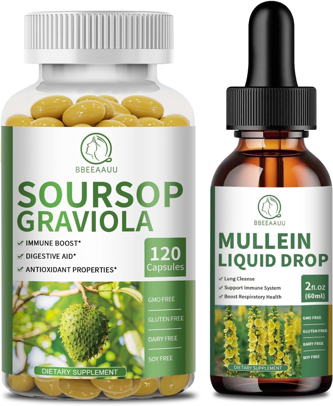 BBEEAAUU Mullein Drops and Soursop Graviola Capsules for Natural Respiratory Support