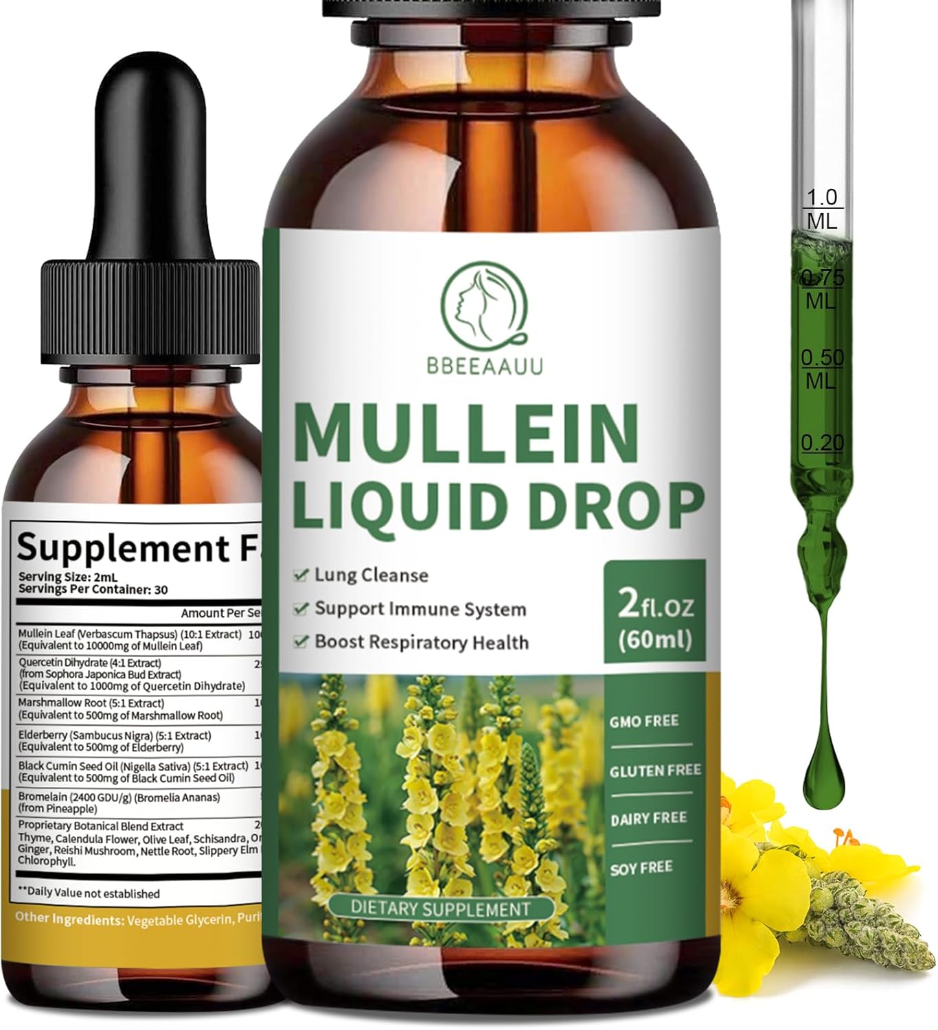 BBEEAAUU Mullein Drops and Soursop Graviola Capsules for Natural Respiratory Support