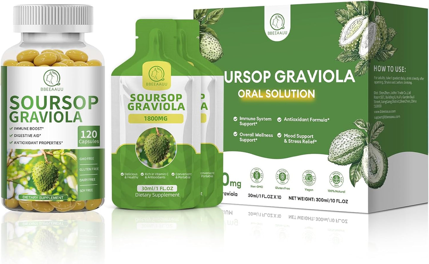 BBEEAAUU Soursop Graviola Capsules & Liquid: Cell Regeneration, Immunity Boost, Digestive Support, Antioxidant - Gluten Free, Non GMO, Vegan