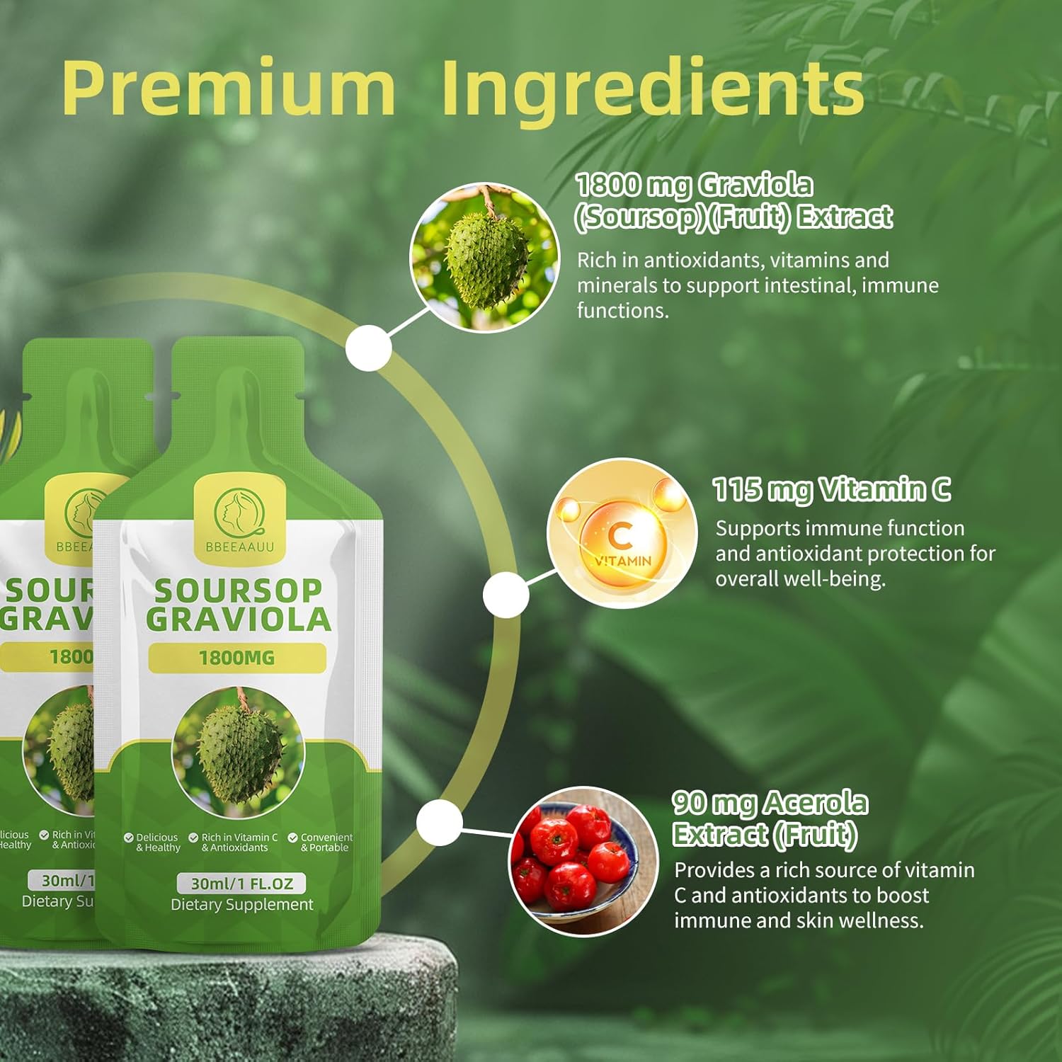 BBEEAAUU Soursop Graviola Capsules & Liquid: Cell Regeneration, Immunity Boost, Digestive Support, Antioxidant - Gluten Free, Non GMO, Vegan