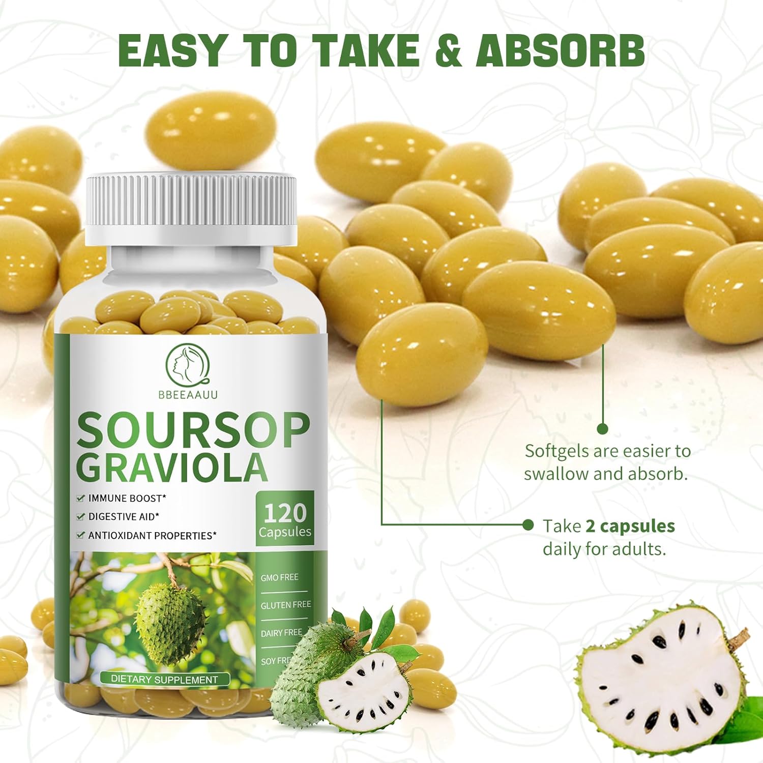 BBEEAAUU Soursop Graviola Capsules & Liquid: Cell Regeneration, Immunity Boost, Digestive Support, Antioxidant - Gluten Free, Non GMO, Vegan