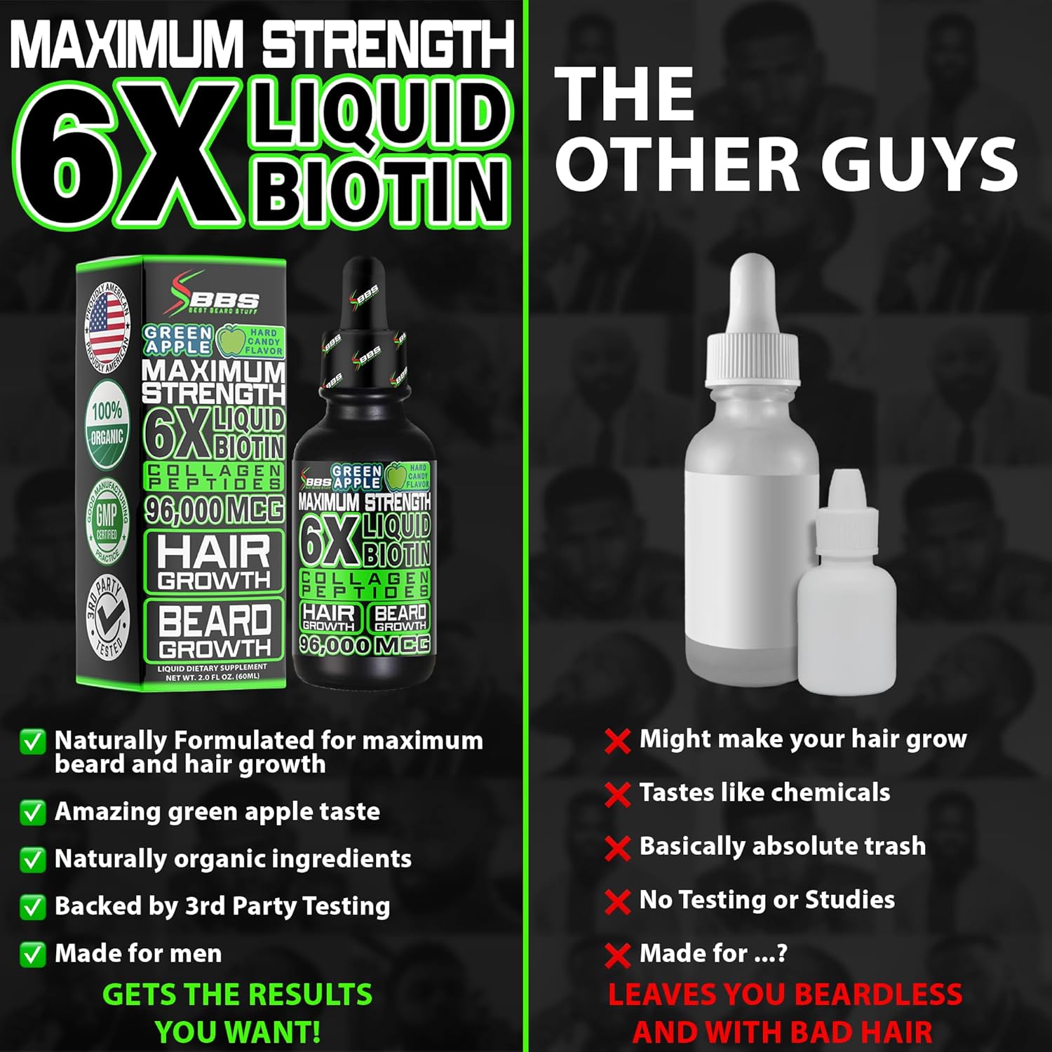 BBS USA Maximum Strength Biotin & Collagen Liquid for Men - Hair & Beard Growth Supplement with 6X Absorption - 2 OZ