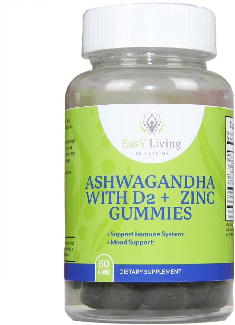 BE HEALTHY Ashwagandha Gummies with Vitamin D2 and Zinc for Stress Relief & Immune Support - Vegan, Non-GMO, Gluten-Free - 60 Count