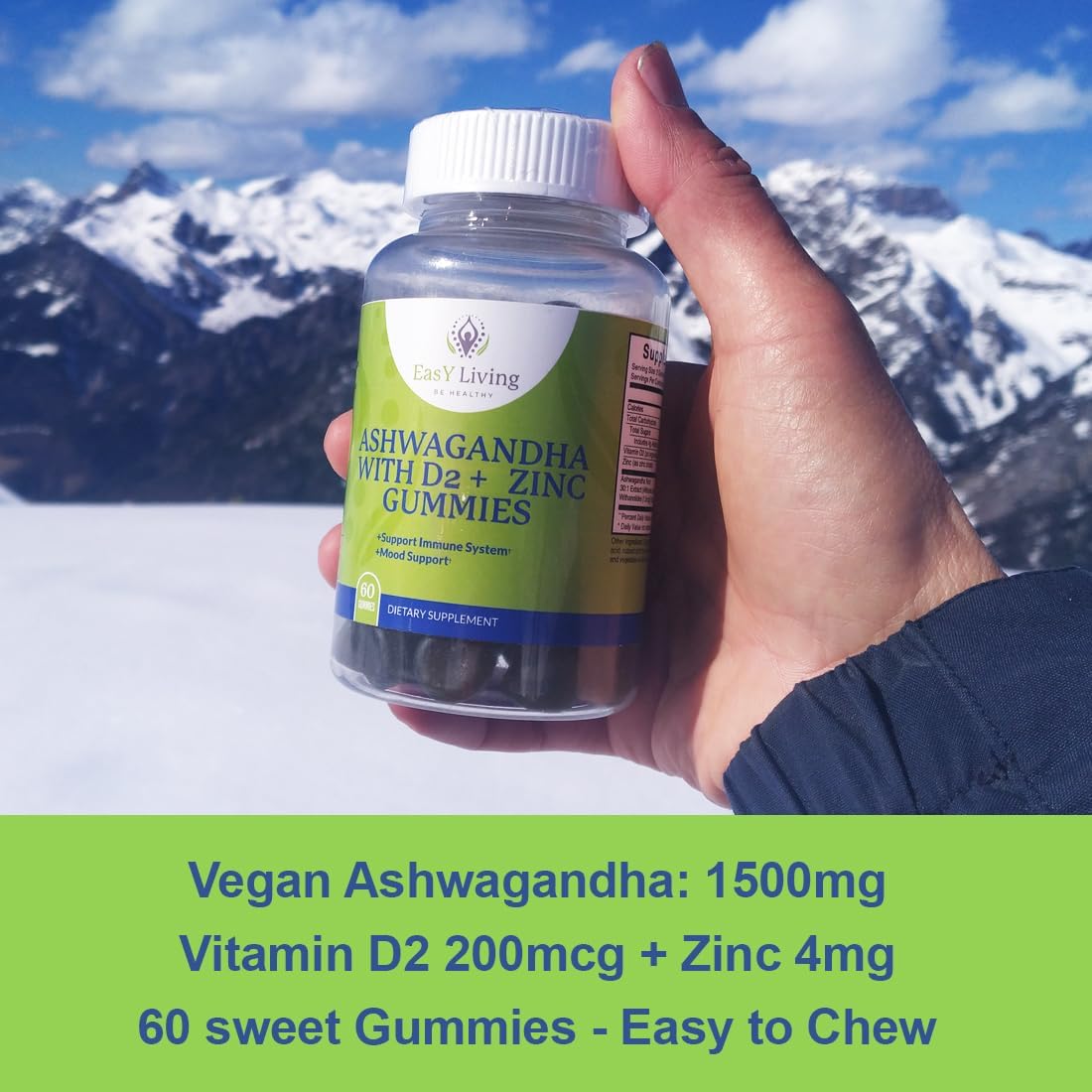 BE HEALTHY Ashwagandha Gummies with Vitamin D2 and Zinc for Stress Relief & Immune Support - Vegan, Non-GMO, Gluten-Free - 60 Count