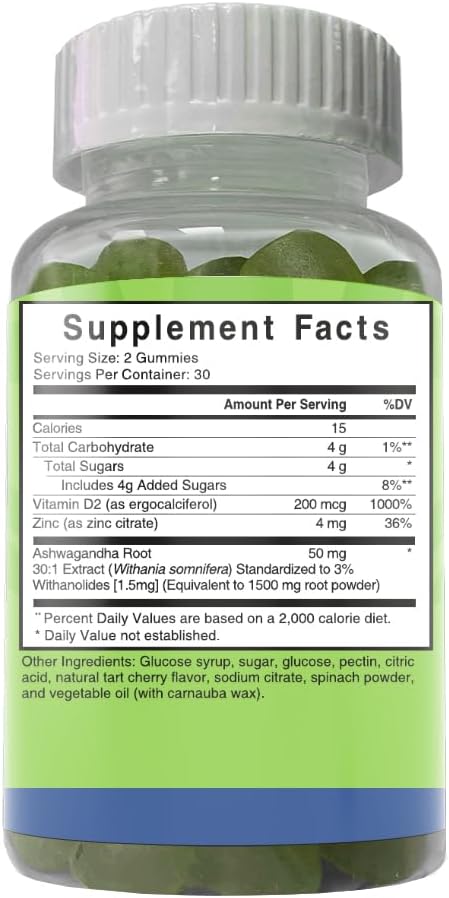 BE HEALTHY Ashwagandha Gummies with Vitamin D2 and Zinc for Stress Relief & Immune Support - Vegan, Non-GMO, Gluten-Free - 60 Count