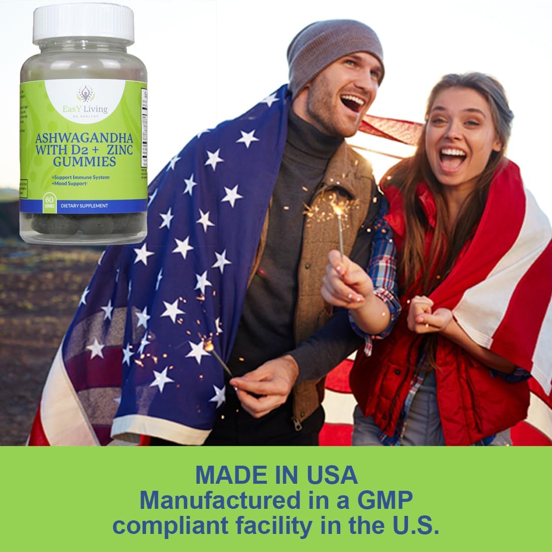 BE HEALTHY Ashwagandha Gummies with Vitamin D2 and Zinc for Stress Relief & Immune Support - Vegan, Non-GMO, Gluten-Free - 60 Count