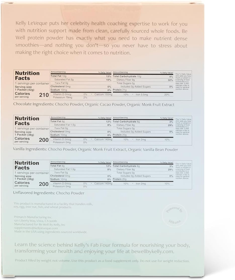 Be Well by Kelly LeVeque Plant-Based Vegan Protein Powder Sample Pack - Dairy and Gluten-Free, Paleo & Keto Friendly - 20g+ Protein (3 Servings)