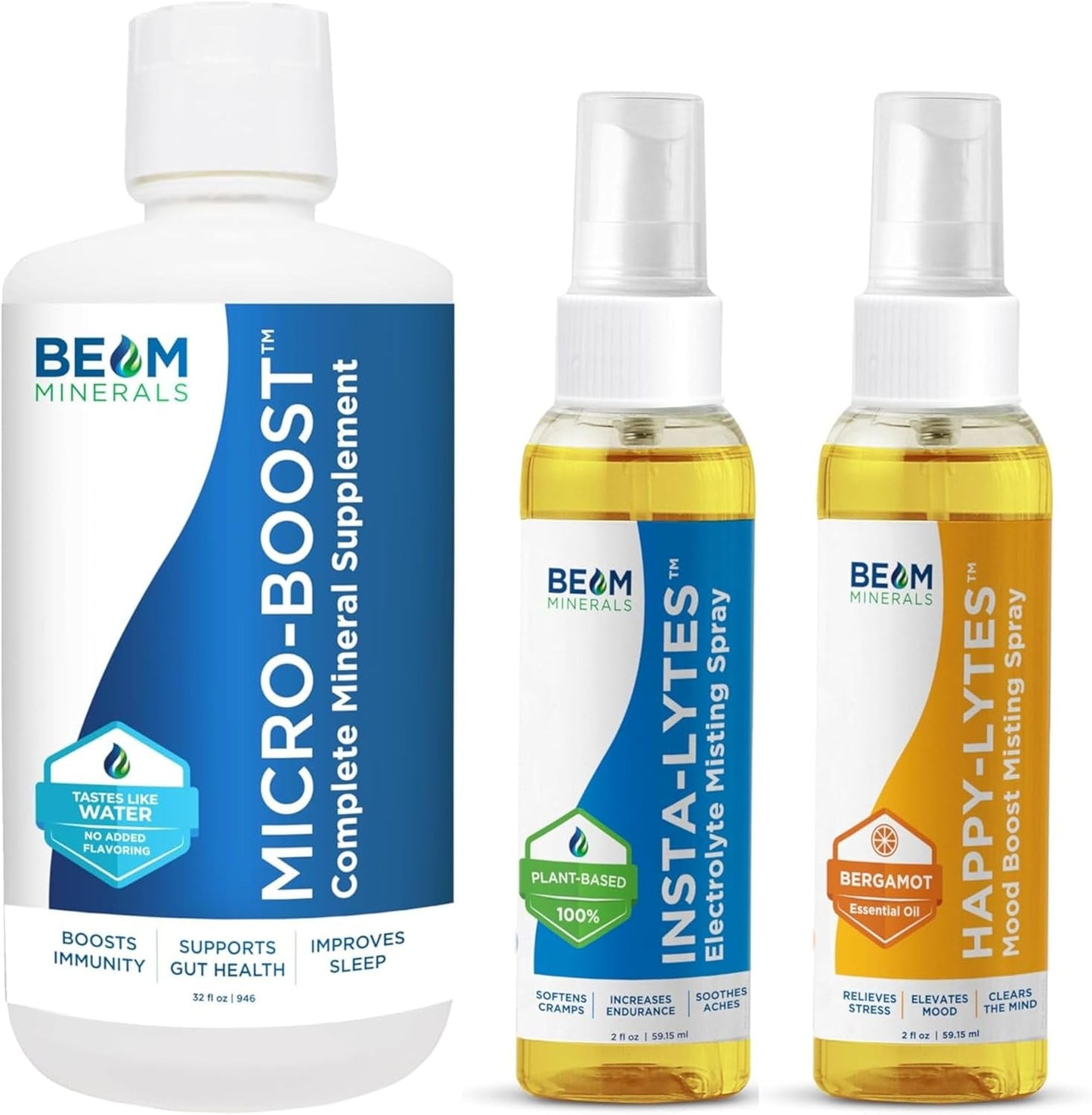 Beam Minerals Micro-Boost Humic Mineral Blend and Insta-Lytes Natural Liquid Electrolytes 2oz with Happy-Lytes Fluvic Electrolyte Misting Spray - Complete Hydration Set