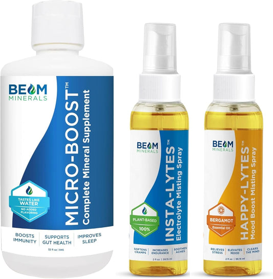Beam Minerals Micro-Boost Humic Mineral Blend and Insta-Lytes Natural Liquid Electrolytes 2oz with Happy-Lytes Fluvic Electrolyte Misting Spray - Complete Hydration Set