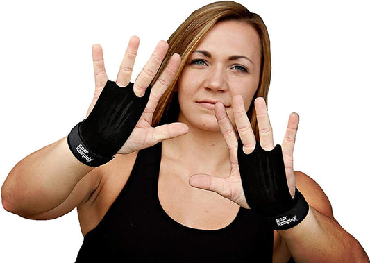 Bear KompleX 2 Hole Leather Hand Grips for Crossfit, Weightlifting, WOD - Palm Grips with Wrist Wraps for Hand Protection (1 Pair)