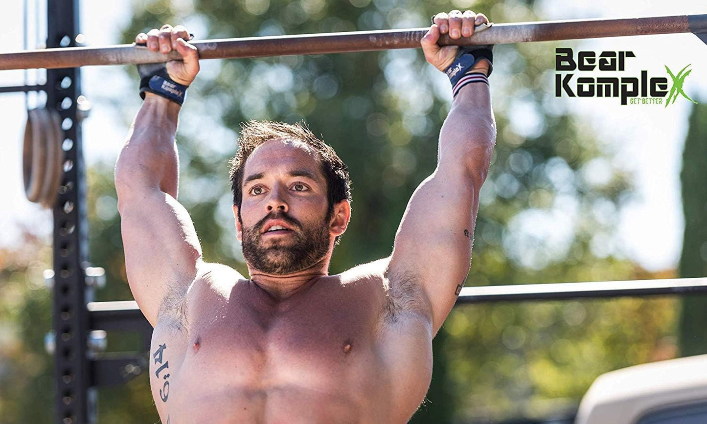 Bear KompleX 2 Hole Leather Hand Grips for Crossfit, Weightlifting, WOD - Palm Grips with Wrist Wraps for Hand Protection (1 Pair)