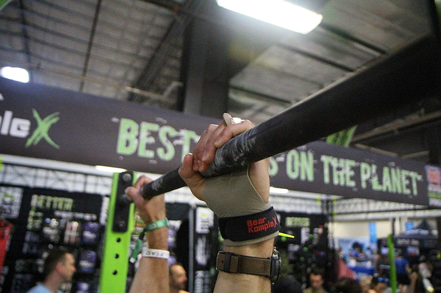 Bear KompleX 2 Hole Leather Hand Grips for Crossfit, Weightlifting, WOD - Palm Grips with Wrist Wraps for Hand Protection (1 Pair)