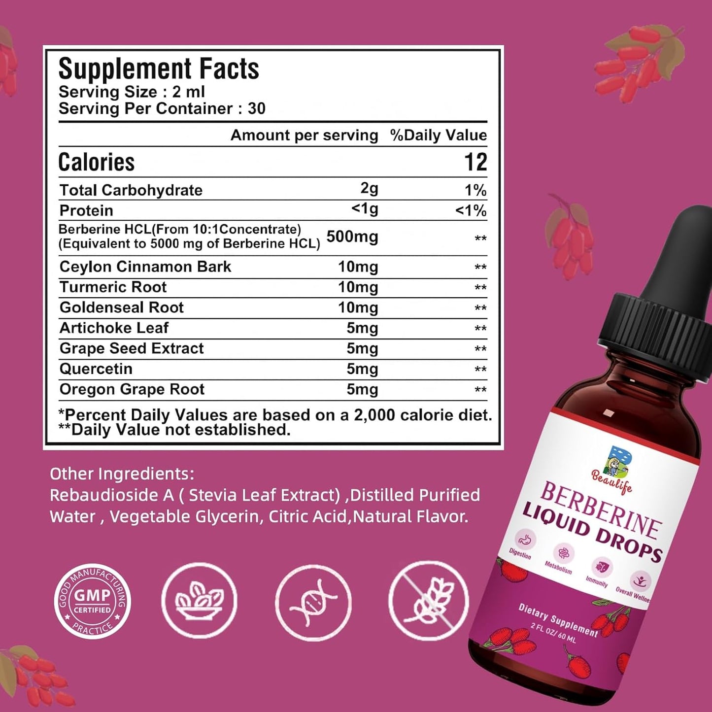 Beaulife Berberine HCL Liquid Drops (2 Pack) with Turmeric, Goldenseal, Artichoke, Ceylon Cinnamon - Veggie Supplement for Immune, Digestion, Heart Health