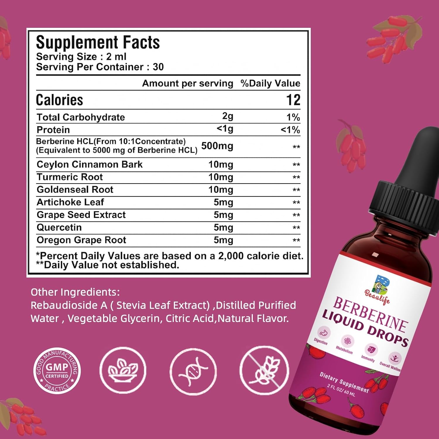 Beaulife Berberine HCL Liquid Drops (2 Pack) with Turmeric, Goldenseal, Artichoke, Ceylon Cinnamon - Veggie Supplement for Immune, Digestion, Heart Health