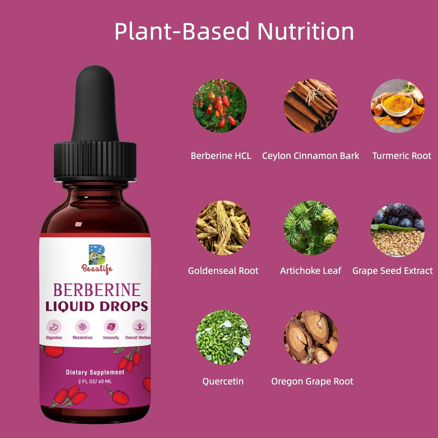 Beaulife Berberine HCL Liquid Drops (2 Pack) with Turmeric, Goldenseal, Artichoke, Ceylon Cinnamon - Veggie Supplement for Immune, Digestion, Heart Health