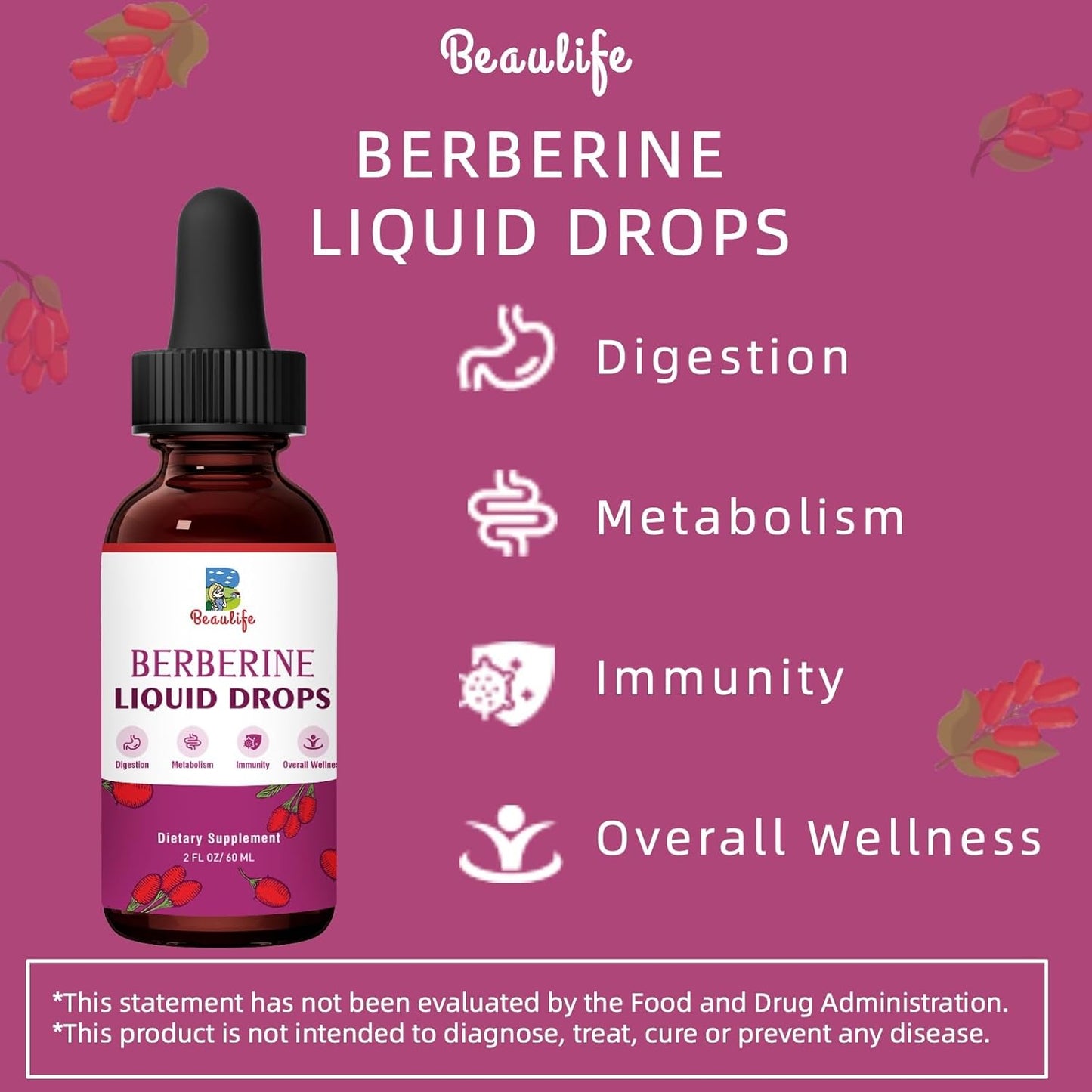 Beaulife Berberine HCL Liquid Drops (2 Pack) with Turmeric, Goldenseal, Artichoke, Ceylon Cinnamon - Veggie Supplement for Immune, Digestion, Heart Health