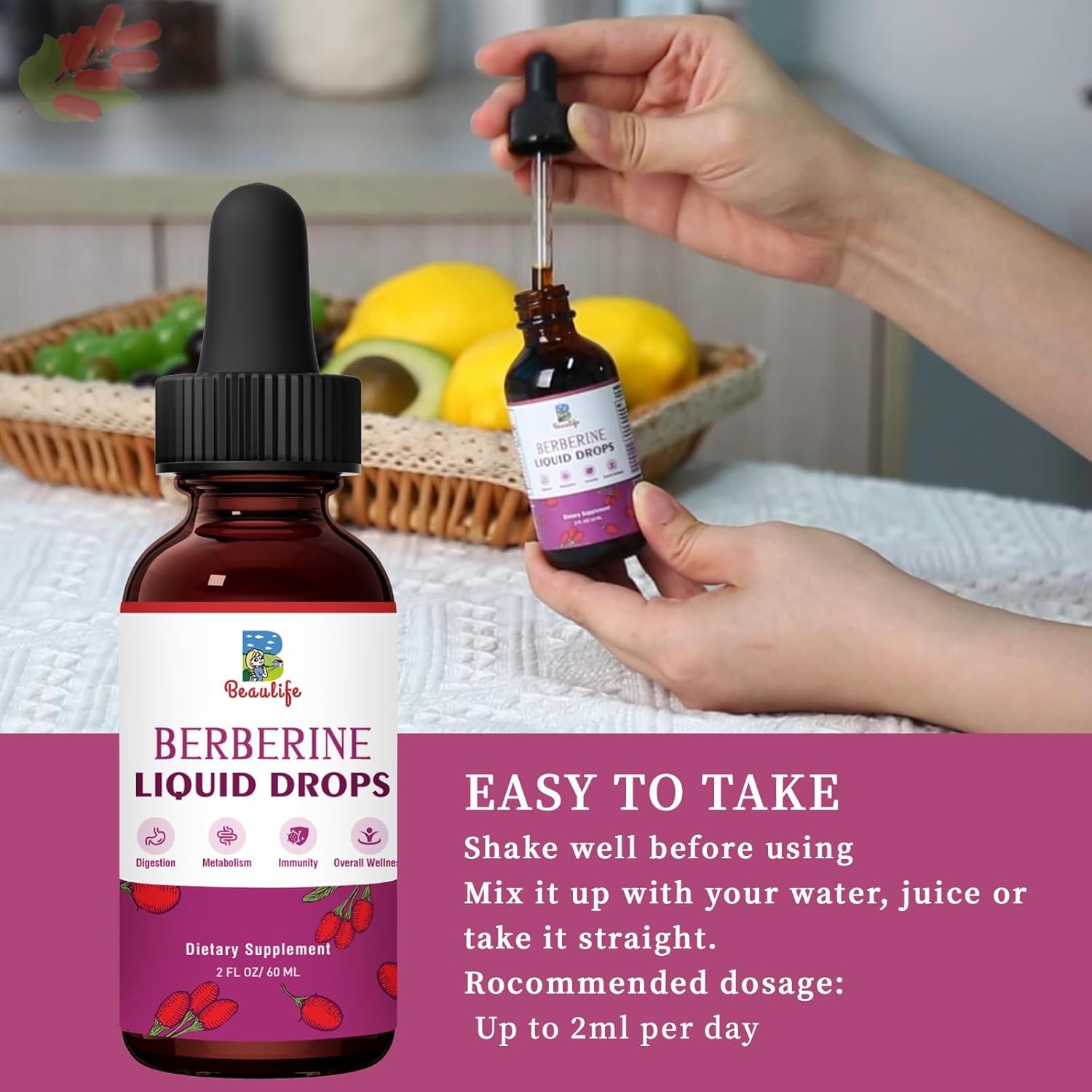 Beaulife Berberine HCL Liquid Drops (2 Pack) with Turmeric, Goldenseal, Artichoke, Ceylon Cinnamon - Veggie Supplement for Immune, Digestion, Heart Health