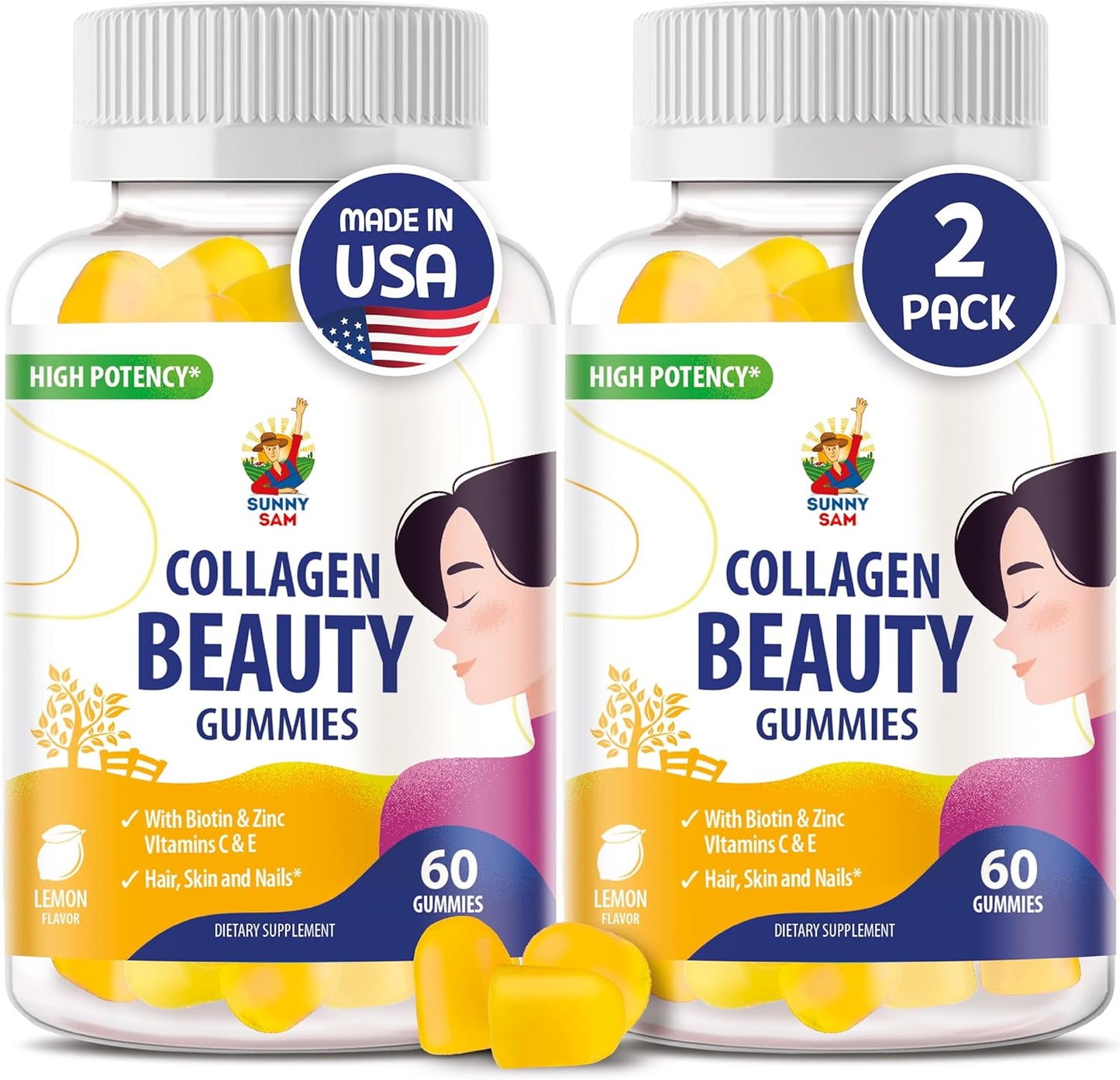 Beauty Collagen Gummies with Biotin & Vitamin A for Hair, Skin, and Nails - Low Sugar Lemon Flavored Supplement for Women & Girls - 60 Chewables