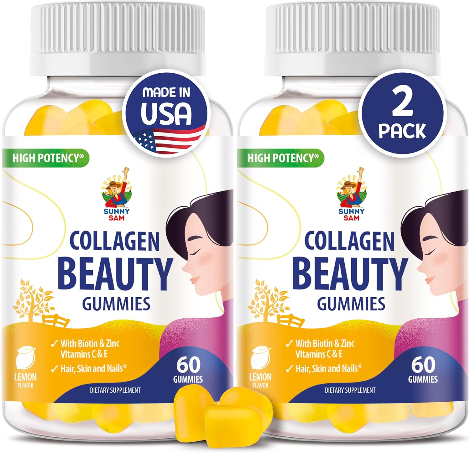 Beauty Collagen Gummies with Biotin & Vitamin A for Hair, Skin, and Nails - Low Sugar Lemon Flavored Supplement for Women & Girls - 60 Chewables