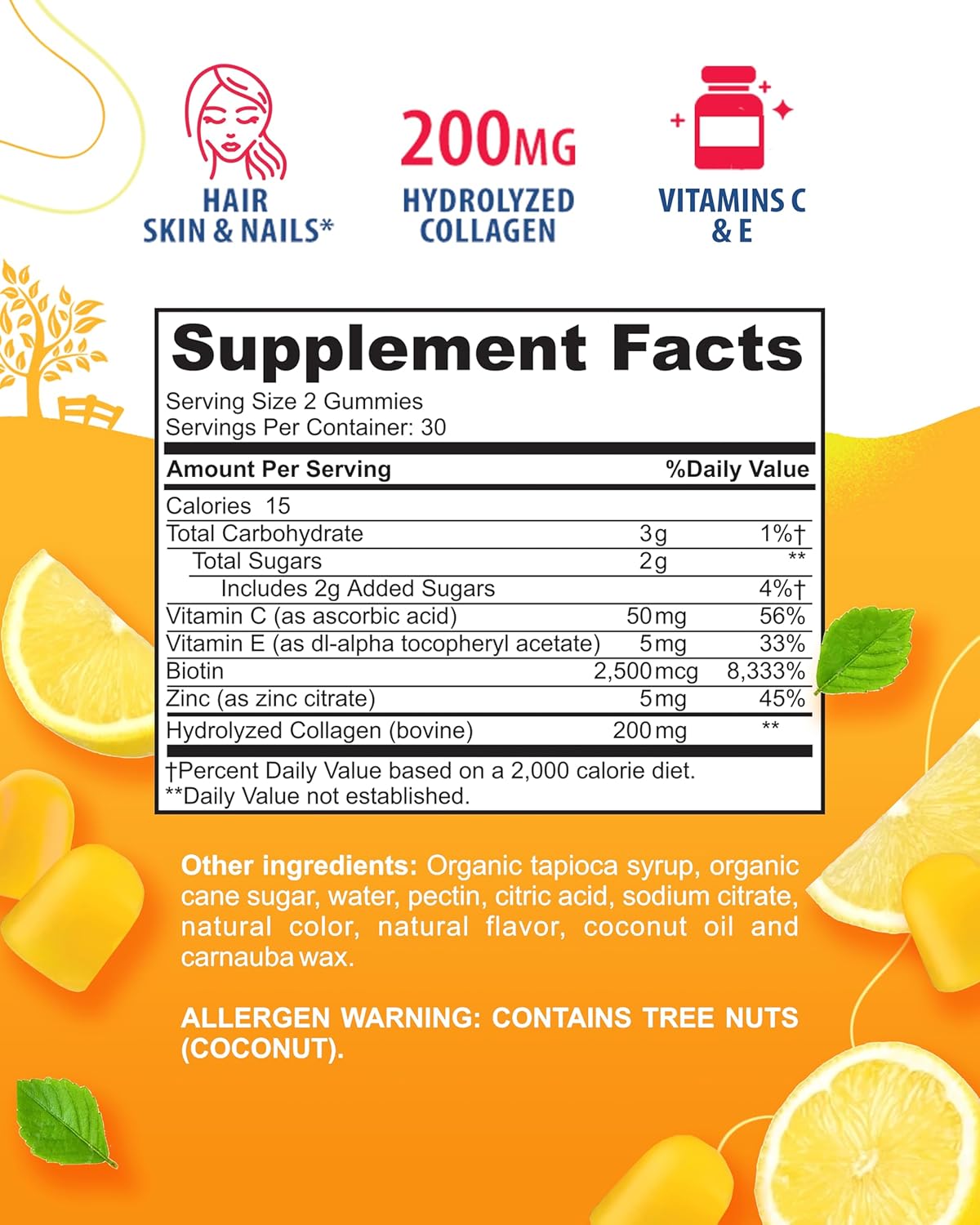 Beauty Collagen Gummies with Biotin & Vitamin A for Hair, Skin, and Nails - Low Sugar Lemon Flavored Supplement for Women & Girls - 60 Chewables