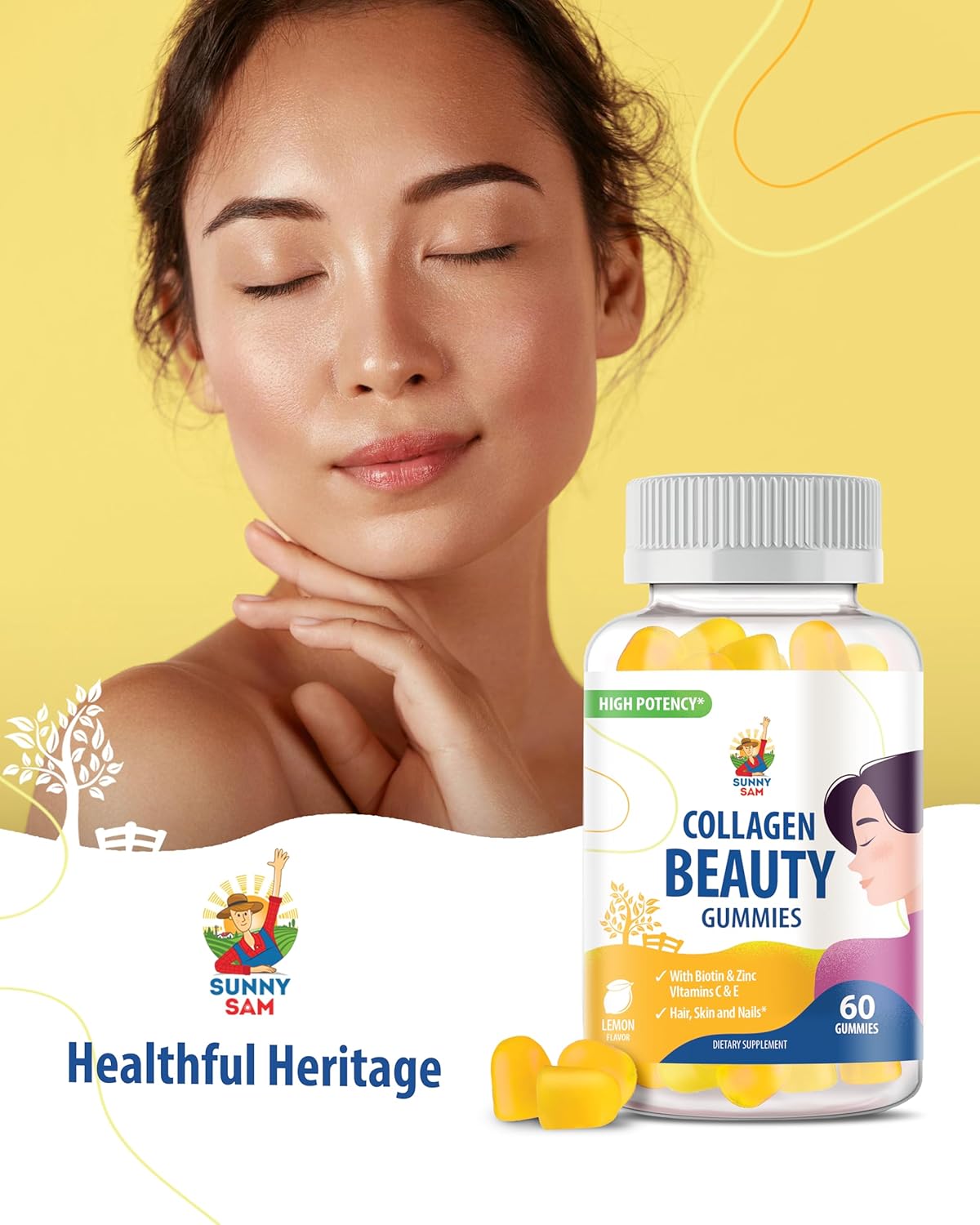 Beauty Collagen Gummies with Biotin & Vitamin A for Hair, Skin, and Nails - Low Sugar Lemon Flavored Supplement for Women & Girls - 60 Chewables