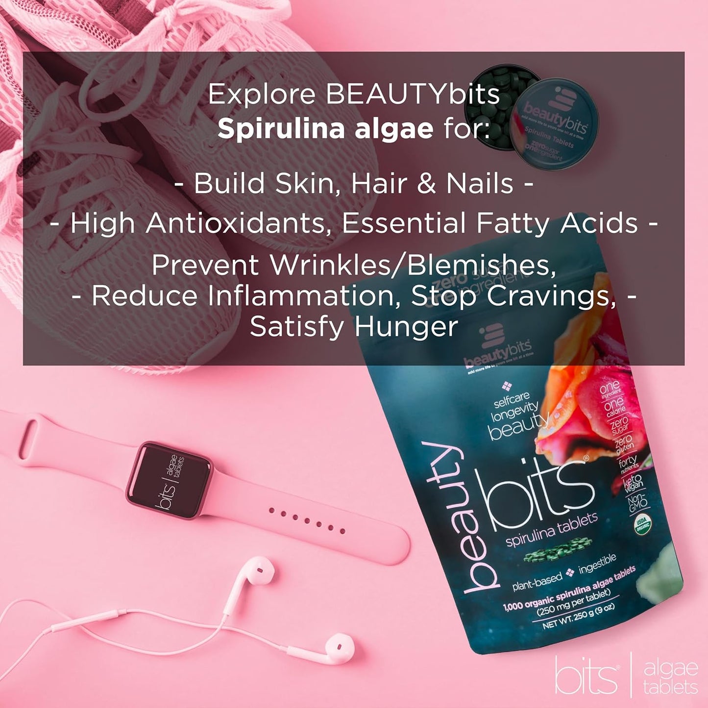 BEAUTYbits Organic Spirulina Tablets with Collagen, Protein, and Chlorophyll for Hair, Nails, and Skin Care - Vegan, Keto, Gluten Free - Skincare Beauty Gifts - 360 Tablet Can - BoostGo Australia
