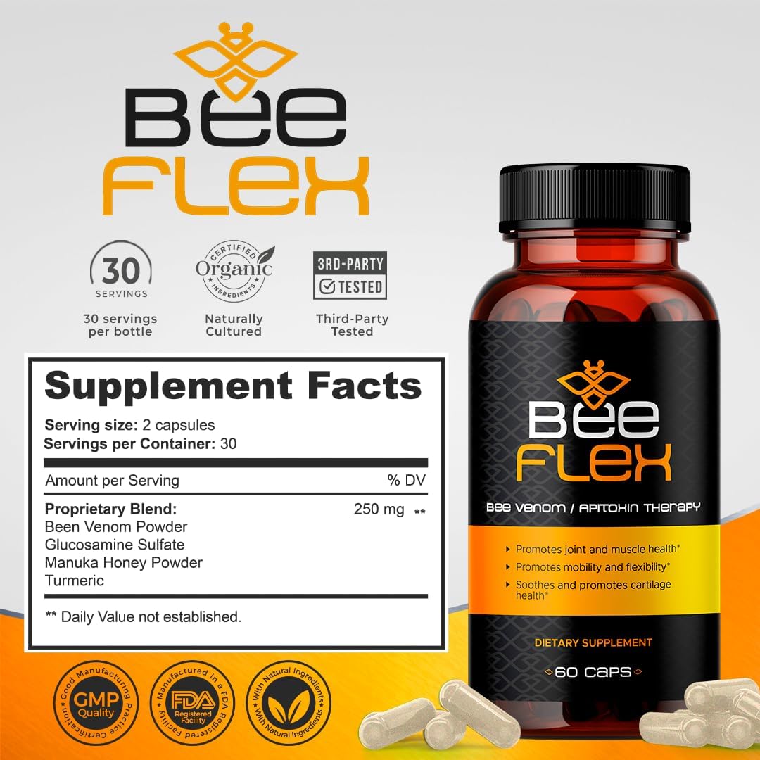Bee Flex Joint Support Supplements with Glucosamine & Turmeric for Enhanced Mobility and Comfort - Natural Cartilage Support - 60 Capsules