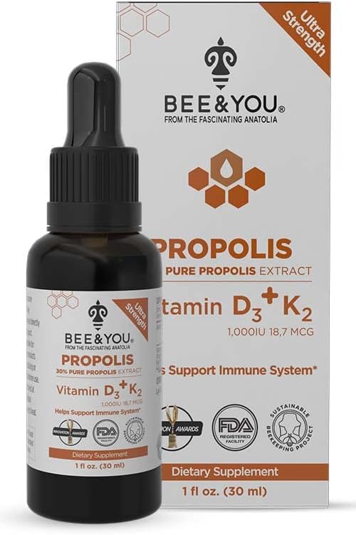 BEE & YOU 100% Natural Propolis Extract with Vitamin D3 K2 for Immune Support - Antioxidants, Detox - Keto, Paleo, Gluten-Free - 1 Fl Oz