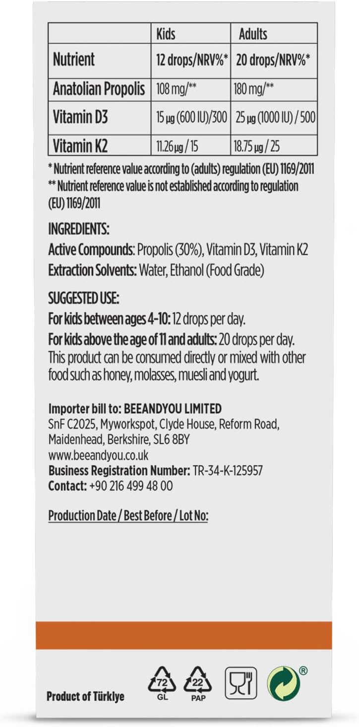 BEE & YOU 100% Natural Propolis Extract with Vitamin D3 K2 for Immune Support - Antioxidants, Detox - Keto, Paleo, Gluten-Free - 1 Fl Oz