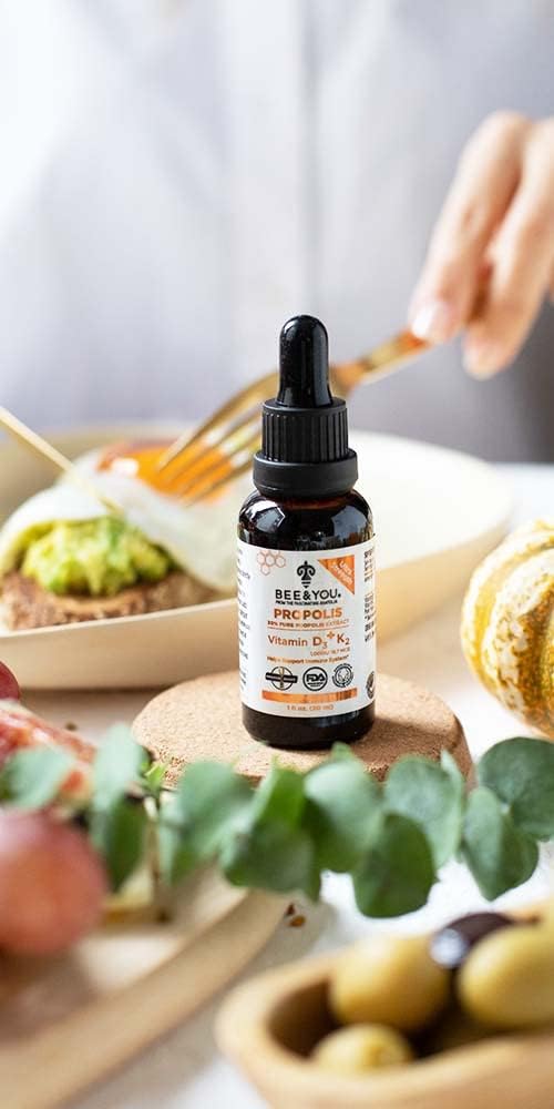 BEE & YOU 100% Natural Propolis Extract with Vitamin D3 K2 for Immune Support - Antioxidants, Detox - Keto, Paleo, Gluten-Free - 1 Fl Oz
