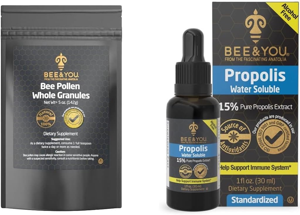 BEE & YOU Bee Pollen Granules Bundle with Natural Propolis Extract Drops - Immune Support Supplement with Antioxidants & Vitamins - 5oz Bag