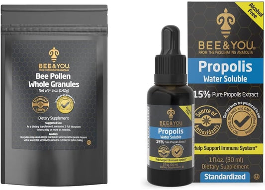 BEE & YOU Bee Pollen Granules Bundle with Natural Propolis Extract Drops - Immune Support Supplement with Antioxidants & Vitamins - 5oz Bag
