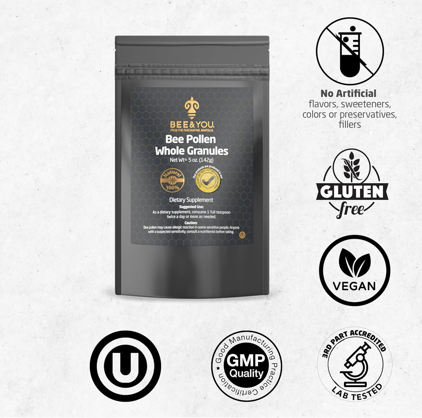 BEE & YOU Bee Pollen Granules Bundle with Natural Propolis Extract Drops - Immune Support Supplement with Antioxidants & Vitamins - 5oz Bag